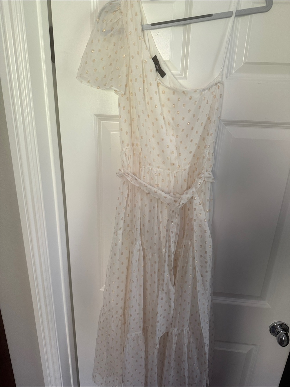 Lulu's One-Shoulder Ivory Dress with Gold Dot Detail